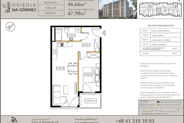 Rzut - Mieszkanie na sprzedaż 2 pokoje o powierzchni 46,66 m² - numer M22 w Osiedle Na Górnej etap V