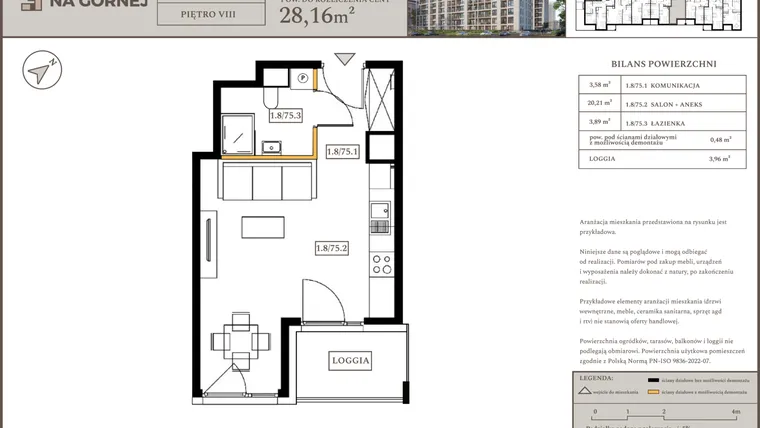 Rzut - Mieszkanie na sprzedaż 1 pokój o powierzchni 27,68 m² - numer M75 w Osiedle Na Górnej etap V