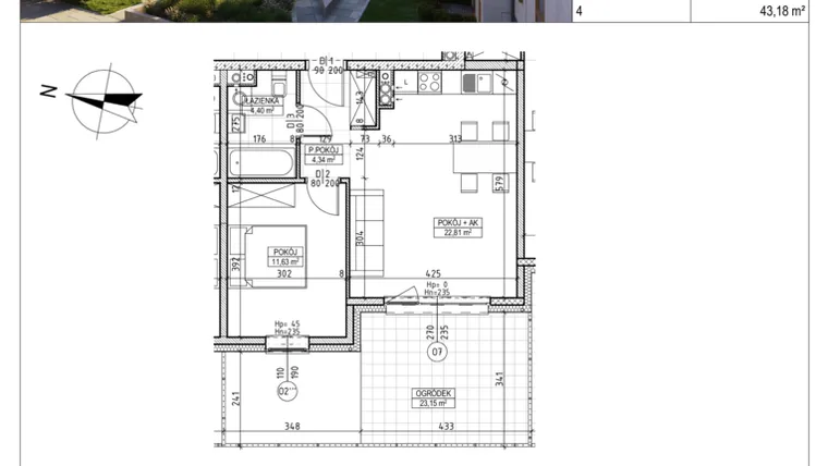 Rzut - Mieszkanie na sprzedaż 2 pokoje o powierzchni 43,18 m² - numer M.B7.00.03 w Osiedle Harmonia bud. B7