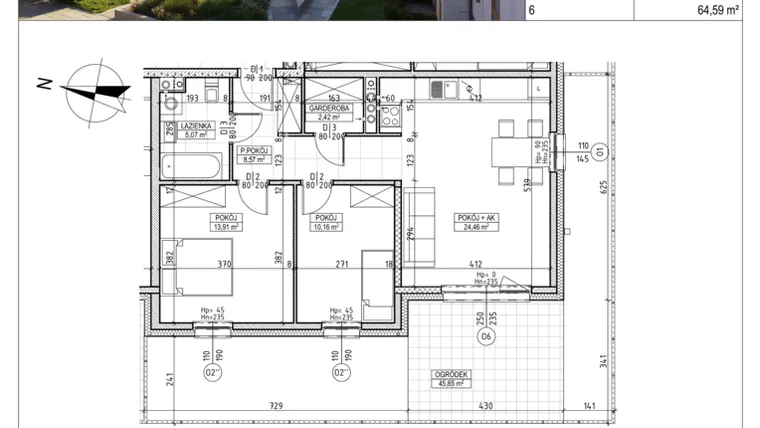 Rzut - Mieszkanie na sprzedaż 3 pokoje o powierzchni 64,59 m² - numer M.B7.00.31 w Osiedle Harmonia bud. B7