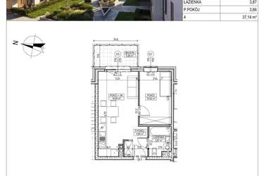 Rzut - Mieszkanie na sprzedaż 2 pokoje o powierzchni 37,14 m² - numer M.B7.01.08 w Osiedle Harmonia bud. B7