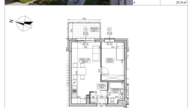 Rzut - Mieszkanie na sprzedaż 2 pokoje o powierzchni 37,14 m² - numer M.B7.01.08 w Osiedle Harmonia bud. B7
