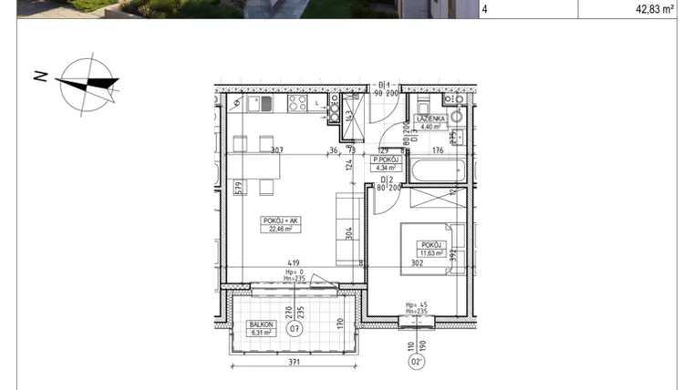 Rzut - Mieszkanie na sprzedaż 2 pokoje o powierzchni 42,83 m² - numer M.B7.01.11 w Osiedle Harmonia bud. B7