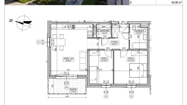 Rzut - Mieszkanie na sprzedaż 3 pokoje o powierzchni 64,96 m² - numer M.B7.02.19 w Osiedle Harmonia bud. B7
