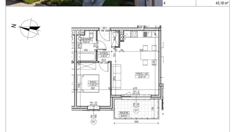 Rzut - Mieszkanie na sprzedaż 2 pokoje o powierzchni 43,18 m² - numer M.B7.03.24 w Osiedle Harmonia bud. B7