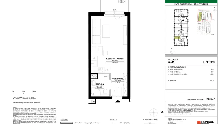 Rzut - Mieszkanie na sprzedaż 1 pokój o powierzchni 26,09 m² - numer 5A-11 w Nowa Północ etap 2A