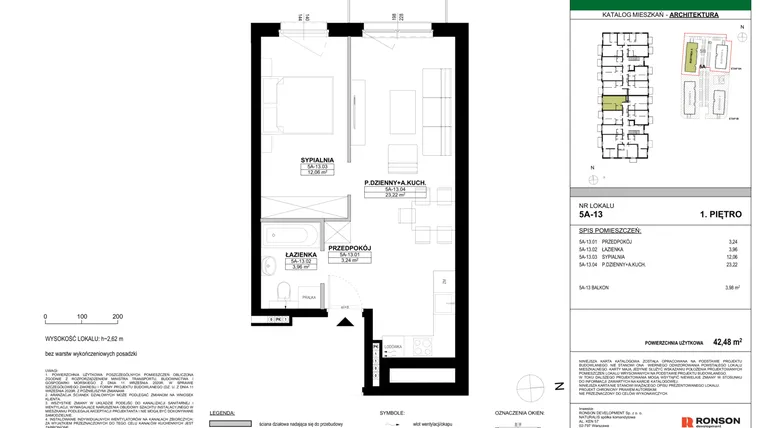 Rzut - Mieszkanie na sprzedaż 2 pokoje o powierzchni 42,48 m² - numer 5A-13 w Nowa Północ etap 2A