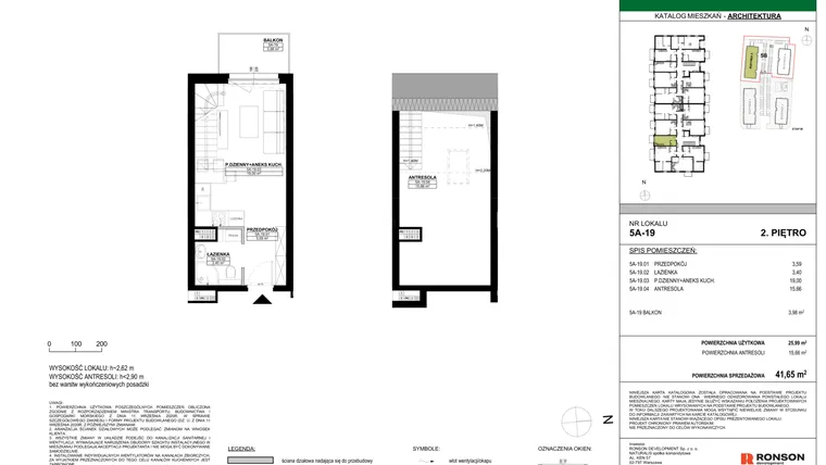 Rzut - Mieszkanie na sprzedaż 2 pokoje o powierzchni 41,65 m² - numer 5A-19 w Nowa Północ etap 2A