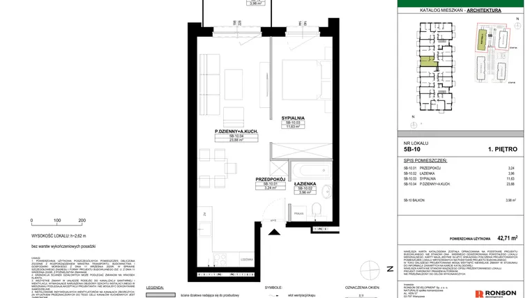 Rzut - Mieszkanie na sprzedaż 2 pokoje o powierzchni 42,71 m² - numer 5B-10 w Nowa Północ etap 2A