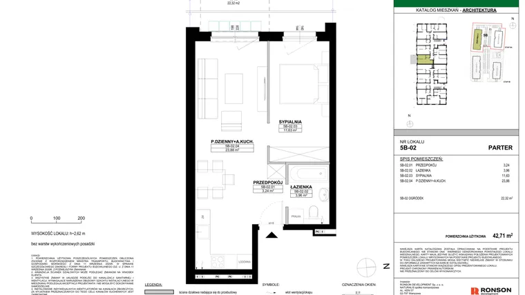 Rzut - Mieszkanie na sprzedaż 2 pokoje o powierzchni 42,71 m² - numer 5B-02 w Nowa Północ etap 2A