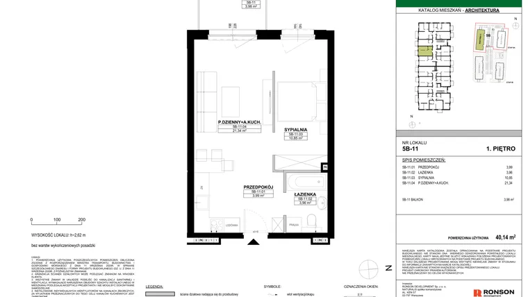 Rzut - Mieszkanie na sprzedaż 2 pokoje o powierzchni 40,14 m² - numer 5B-11 w Nowa Północ etap 2A