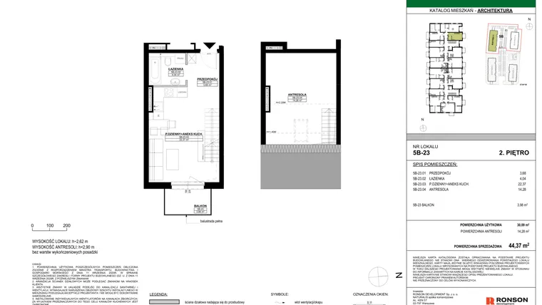 Rzut - Mieszkanie na sprzedaż 2 pokoje o powierzchni 44,37 m² - numer 5B-23 w Nowa Północ etap 2A