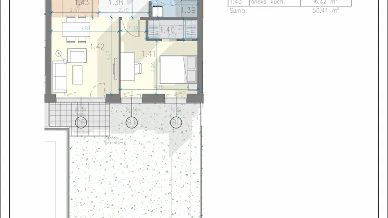 Rzut - Mieszkanie na sprzedaż 2 pokoje o powierzchni 50,41 m² - numer 7 w Residence Przewóz 41