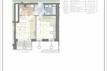 Rzut - Mieszkanie na sprzedaż 2 pokoje o powierzchni 49,57 m² - numer 28 w Residence Przewóz 41