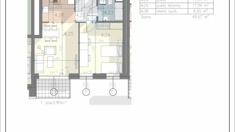 Rzut - Mieszkanie na sprzedaż 2 pokoje o powierzchni 49,57 m² - numer 28 w Residence Przewóz 41