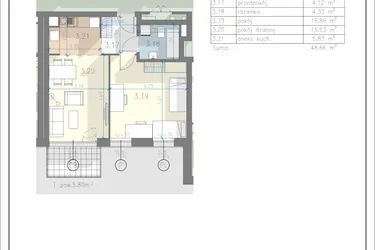 Rzut - Mieszkanie na sprzedaż 2 pokoje o powierzchni 48,66 m² - numer 19 w Residence Przewóz 41