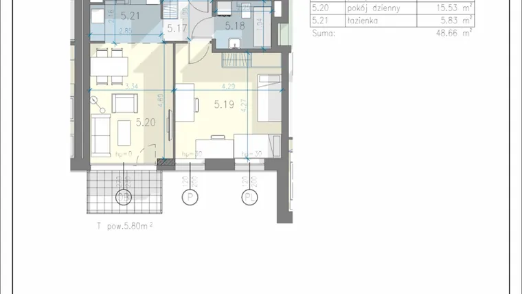 Rzut - Mieszkanie na sprzedaż 2 pokoje o powierzchni 48,66 m² - numer 35 w Residence Przewóz 41