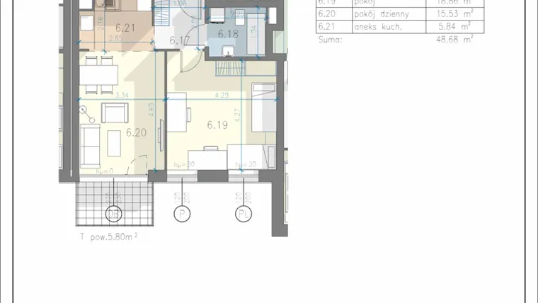 Rzut - Mieszkanie na sprzedaż 2 pokoje o powierzchni 48,68 m² - numer 43 w Residence Przewóz 41
