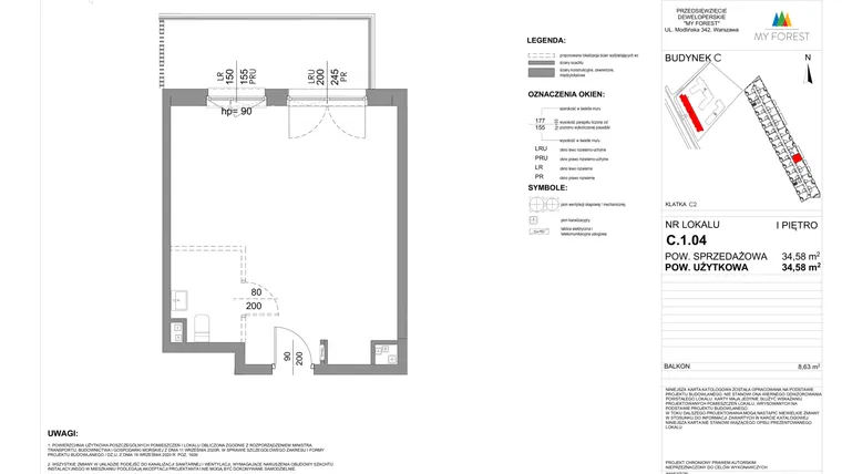 Rzut - Mieszkanie na sprzedaż 1 pokój o powierzchni 34,58 m² - numer C.1.04 w My Forest - Apartamenty inwestycyjne