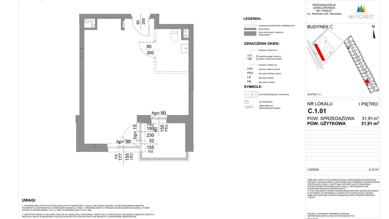Rzut - Mieszkanie na sprzedaż 1 pokój o powierzchni 31,91 m² - numer C.1.01 w My Forest - Apartamenty inwestycyjne