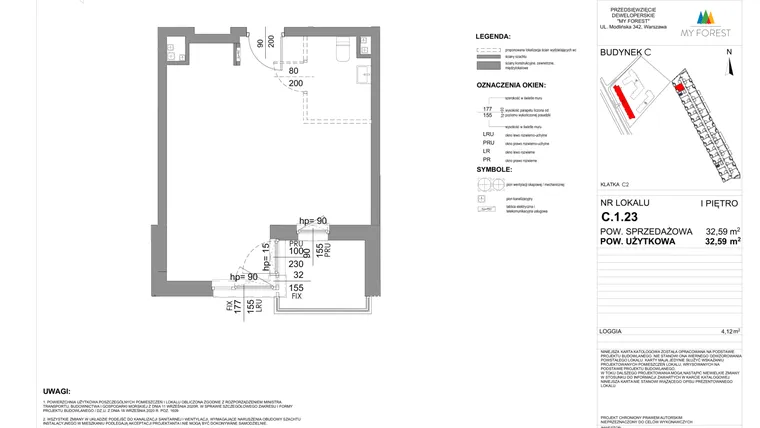 Rzut - Mieszkanie na sprzedaż 1 pokój o powierzchni 32,59 m² - numer C.1.23 w My Forest - Apartamenty inwestycyjne