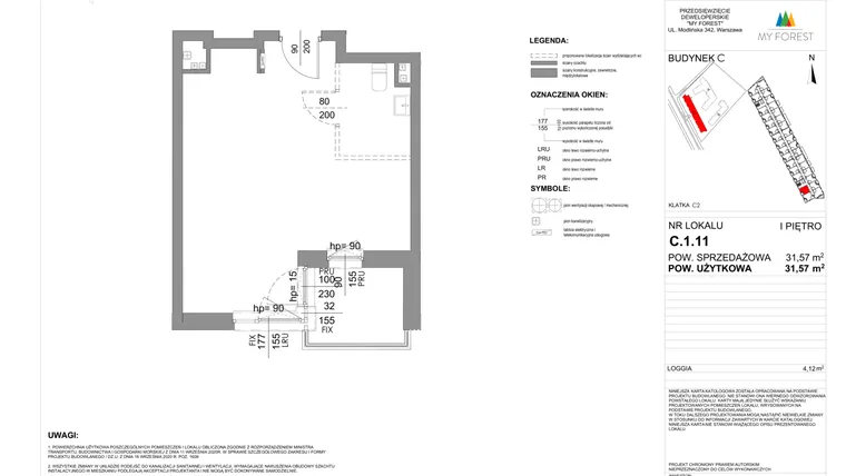 Rzut - Mieszkanie na sprzedaż 1 pokój o powierzchni 31,57 m² - numer C.1.11 w My Forest - Apartamenty inwestycyjne