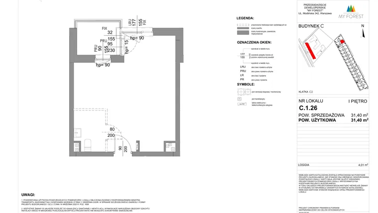 Rzut - Mieszkanie na sprzedaż 1 pokój o powierzchni 31,4 m² - numer C.1.26 w My Forest - Apartamenty inwestycyjne