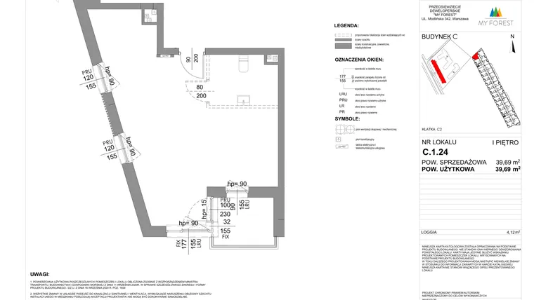 Rzut - Mieszkanie na sprzedaż 1 pokój o powierzchni 39,69 m² - numer C.1.24 w My Forest - Apartamenty inwestycyjne