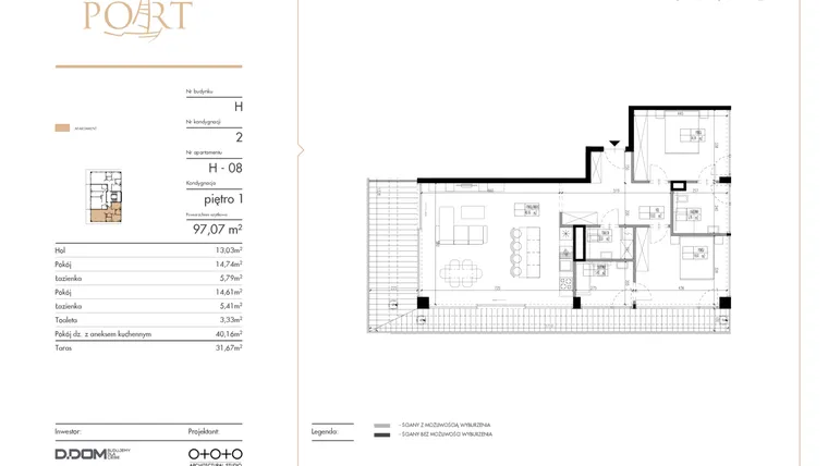 Rzut - Mieszkanie na sprzedaż 3 pokoje o powierzchni 97,07 m² - numer H_8 w Warmiński Port etap V
