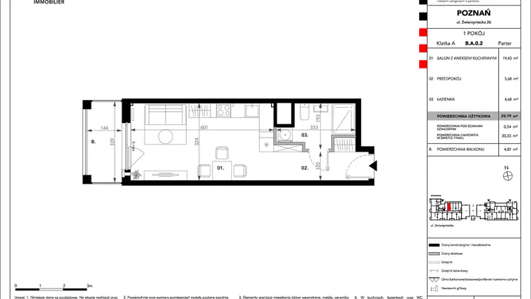 Rzut - Mieszkanie na sprzedaż 1 pokój o powierzchni 29,79 m² - numer B.A.0.2 w Zajezdnia