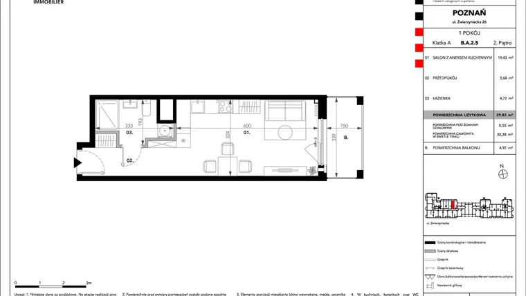 Rzut - Mieszkanie na sprzedaż 1 pokój o powierzchni 29,83 m² - numer B.A.2.5 w Zajezdnia