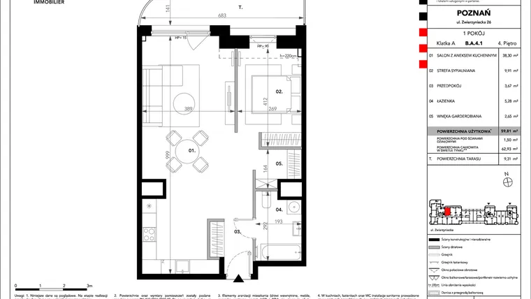 Rzut - Mieszkanie na sprzedaż 1 pokój o powierzchni 59,81 m² - numer B.A.4.1 w Zajezdnia