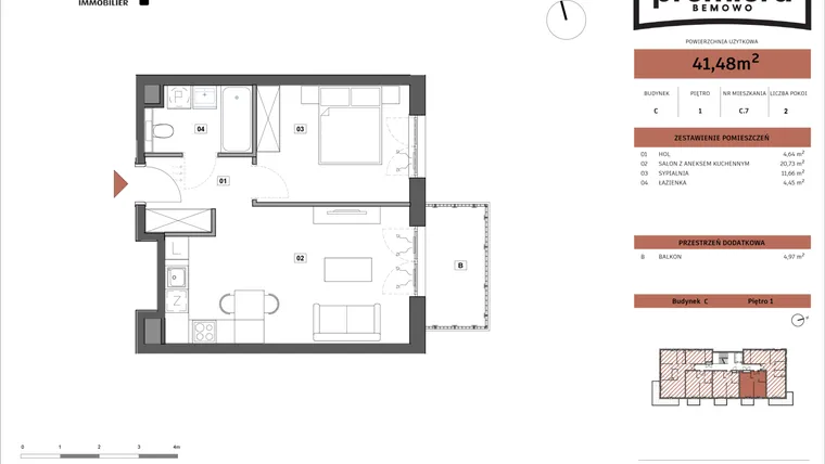 Rzut - Mieszkanie na sprzedaż 2 pokoje o powierzchni 41,48 m² - numer C.07 w Premiera Bemowo