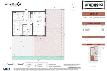 Rzut - Mieszkanie na sprzedaż 3 pokoje o powierzchni 60,91 m² - numer B.02 w Premiera Bemowo
