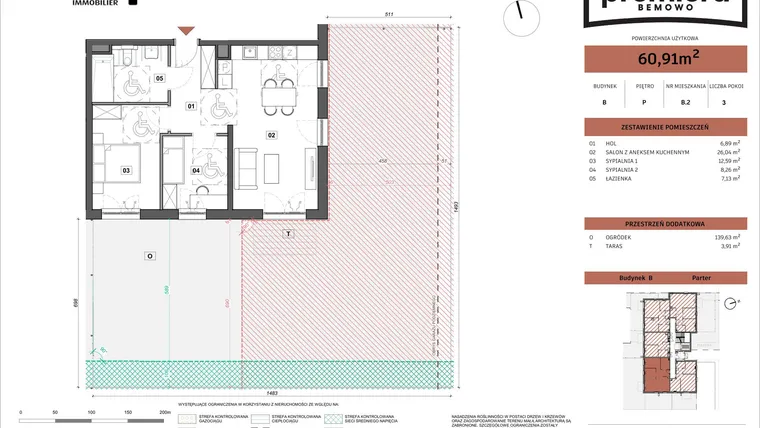 Rzut - Mieszkanie na sprzedaż 3 pokoje o powierzchni 60,91 m² - numer B.02 w Premiera Bemowo