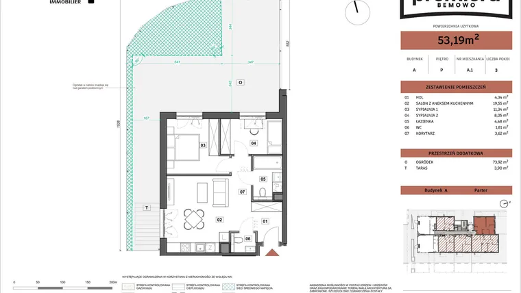 Rzut - Mieszkanie na sprzedaż 3 pokoje o powierzchni 53,19 m² - numer A.01 w Premiera Bemowo