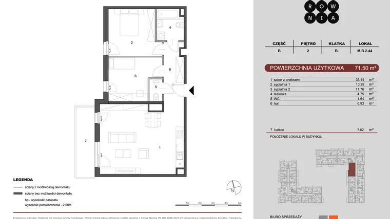 Rzut - Mieszkanie na sprzedaż 3 pokoje o powierzchni 71,5 m² - numer M.B.2.044 w CUKROWNIA