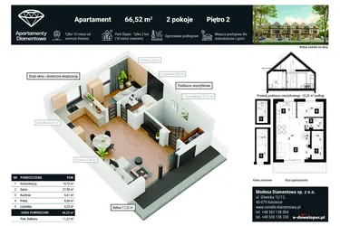 Rzut - Mieszkanie na sprzedaż 2 pokoje o powierzchni 66,52 m² - numer 1B w Apartamenty Diamentowa