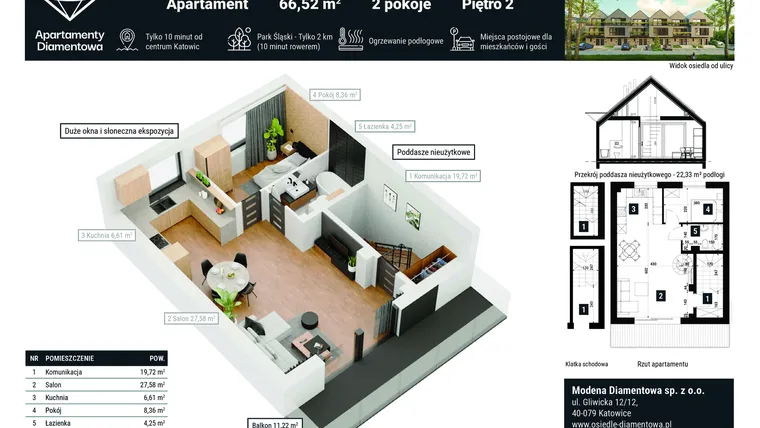 Rzut - Mieszkanie na sprzedaż 2 pokoje o powierzchni 66,52 m² - numer 13B w Apartamenty Diamentowa