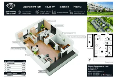 Rzut - Mieszkanie na sprzedaż 2 pokoje o powierzchni 59,88 m² - numer 15B w Apartamenty Diamentowa