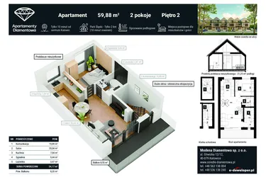 Rzut - Mieszkanie na sprzedaż 2 pokoje o powierzchni 59,88 m² - numer 8B w Apartamenty Diamentowa