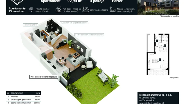 Rzut - Mieszkanie na sprzedaż 4 pokoje o powierzchni 92,94 m² - numer 12A w Apartamenty Diamentowa