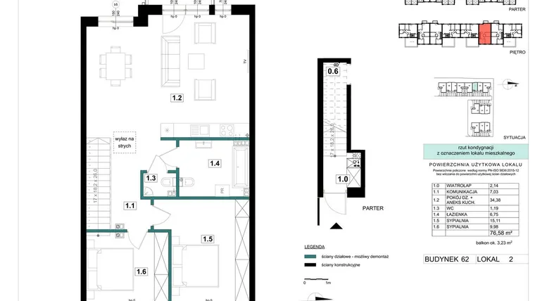 Rzut - Mieszkanie na sprzedaż 3 pokoje o powierzchni 76,58 m² - numer 62-2 w Błonie Bosco