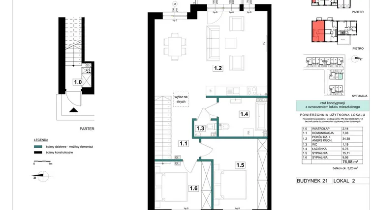 Rzut - Mieszkanie na sprzedaż 3 pokoje o powierzchni 76,58 m² - numer 21-2 w Błonie Bosco