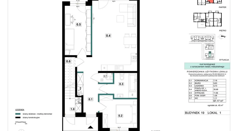 Rzut - Mieszkanie na sprzedaż 3 pokoje o powierzchni 67,17 m² - numer 19-1 w Błonie Bosco