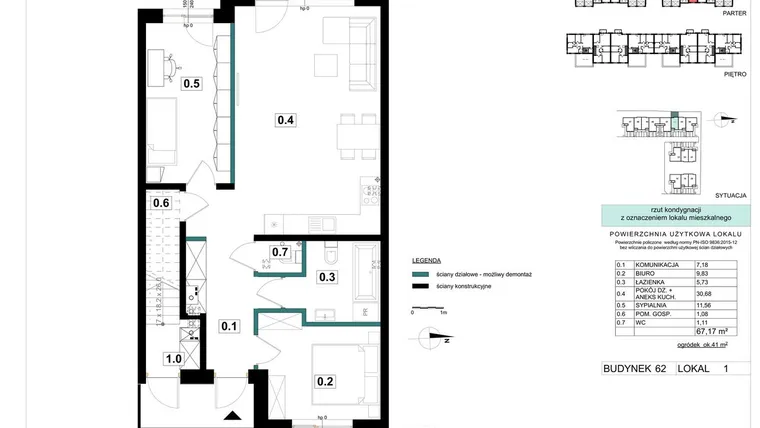 Rzut - Mieszkanie na sprzedaż 3 pokoje o powierzchni 67,17 m² - numer 62-1 w Błonie Bosco