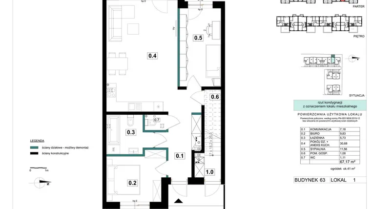 Rzut - Mieszkanie na sprzedaż 3 pokoje o powierzchni 67,17 m² - numer 63-1 w Błonie Bosco