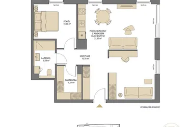 Rzut - Mieszkanie na sprzedaż 2 pokoje o powierzchni 69,3 m² - numer T02 w Trend