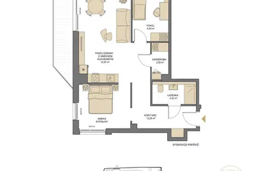 Rzut - Mieszkanie na sprzedaż 2 pokoje o powierzchni 60,26 m² - numer T01 w Trend