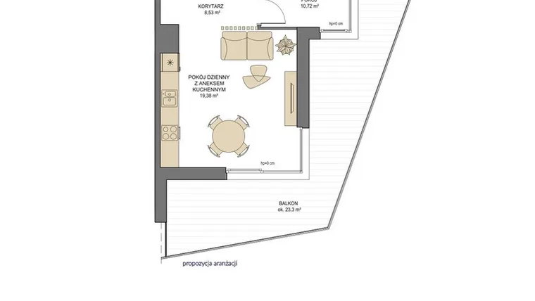 Rzut - Mieszkanie na sprzedaż 2 pokoje o powierzchni 42,84 m² - numer T23 w Trend